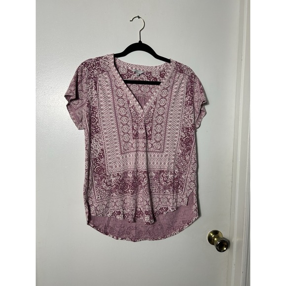 Lucky Brand Large L Pink Medallion Boho V-Neck Hi-Low Short Sleeve Blouse Top - Picture 2 of 7